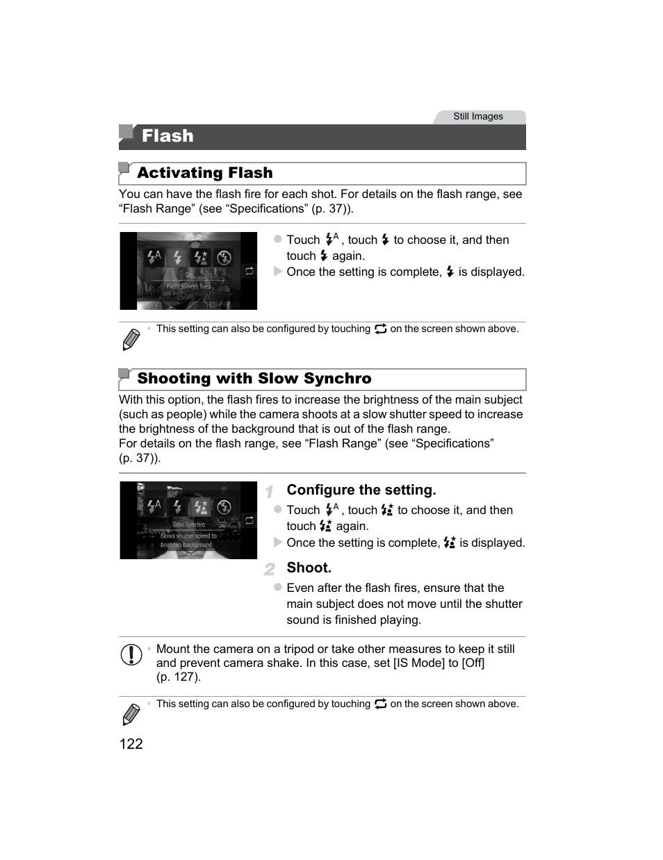 Flash, Flash (p. 122), Activating flash | Shooting with slow synchro | Canon 510 HS User Manual | Page 122 / 220