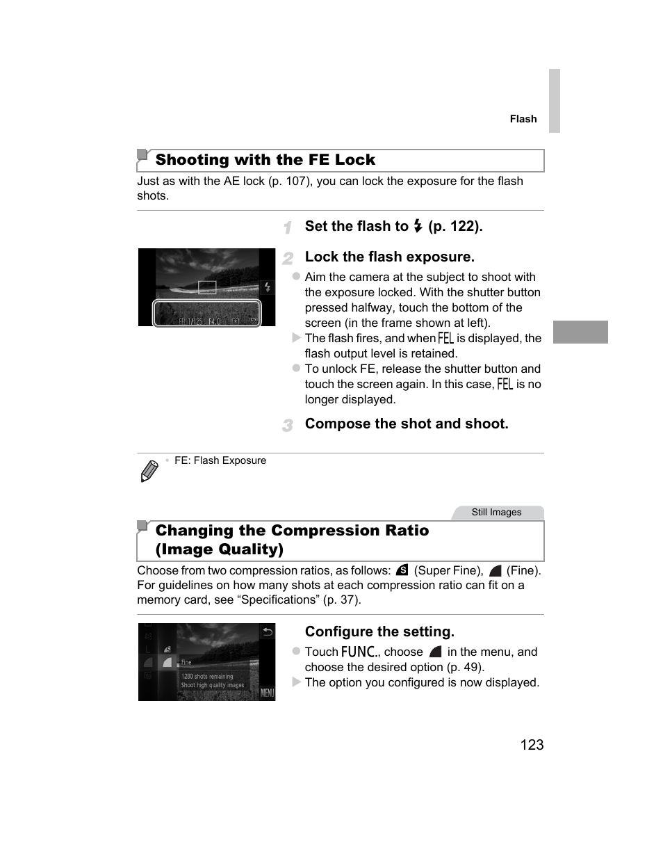 Shooting with the fe lock, Changing the compression ratio (image quality) | Canon 510 HS User Manual | Page 123 / 220