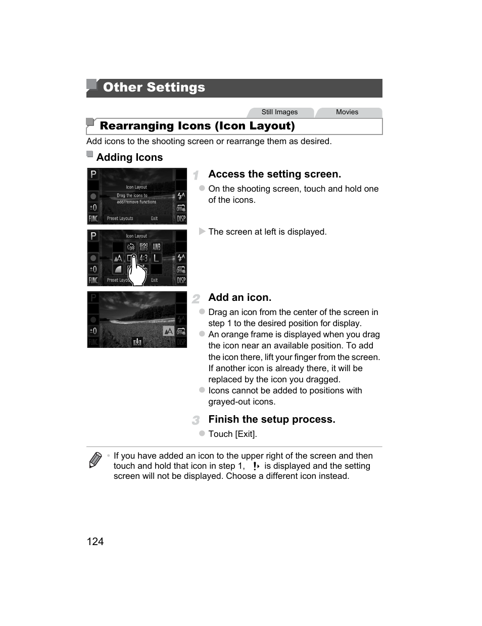 Other settings, Rearranging icons (icon layout) | Canon 510 HS User Manual | Page 124 / 220