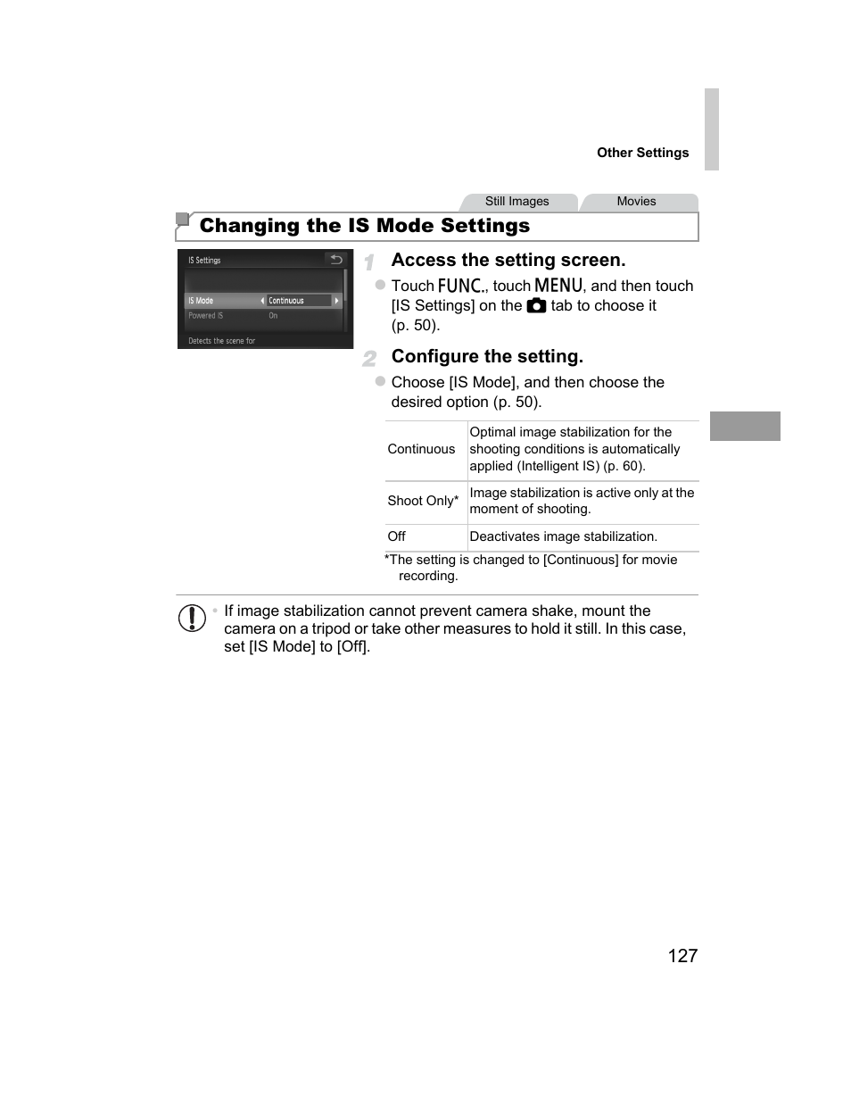 P. 127), Changing the is mode settings | Canon 510 HS User Manual | Page 127 / 220