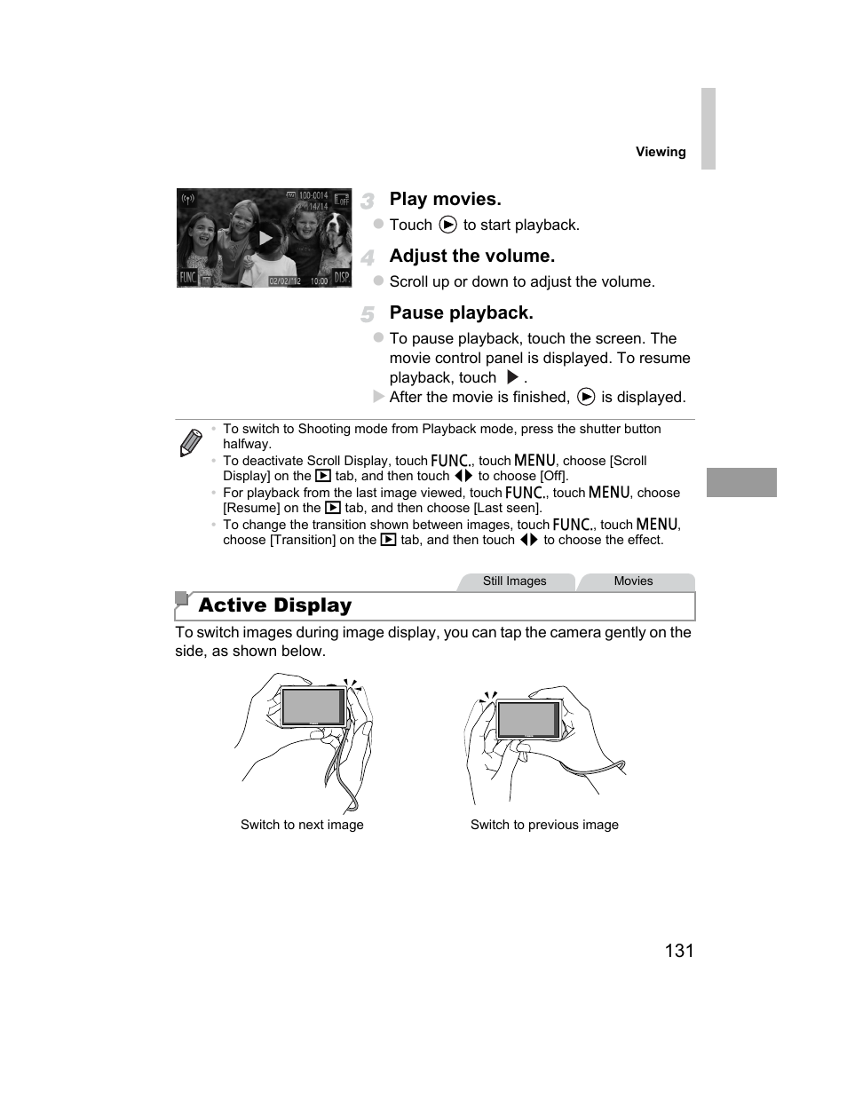 Active display, 131 play movies, Adjust the volume | Pause playback | Canon 510 HS User Manual | Page 131 / 220
