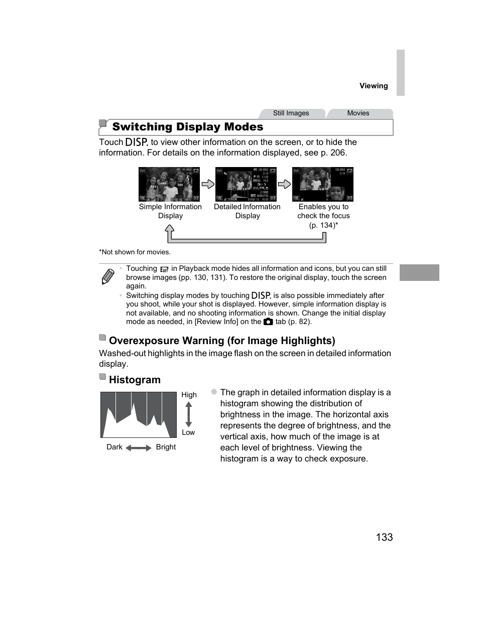 P. 133), P. 133, Switching display modes | Canon 510 HS User Manual | Page 133 / 220