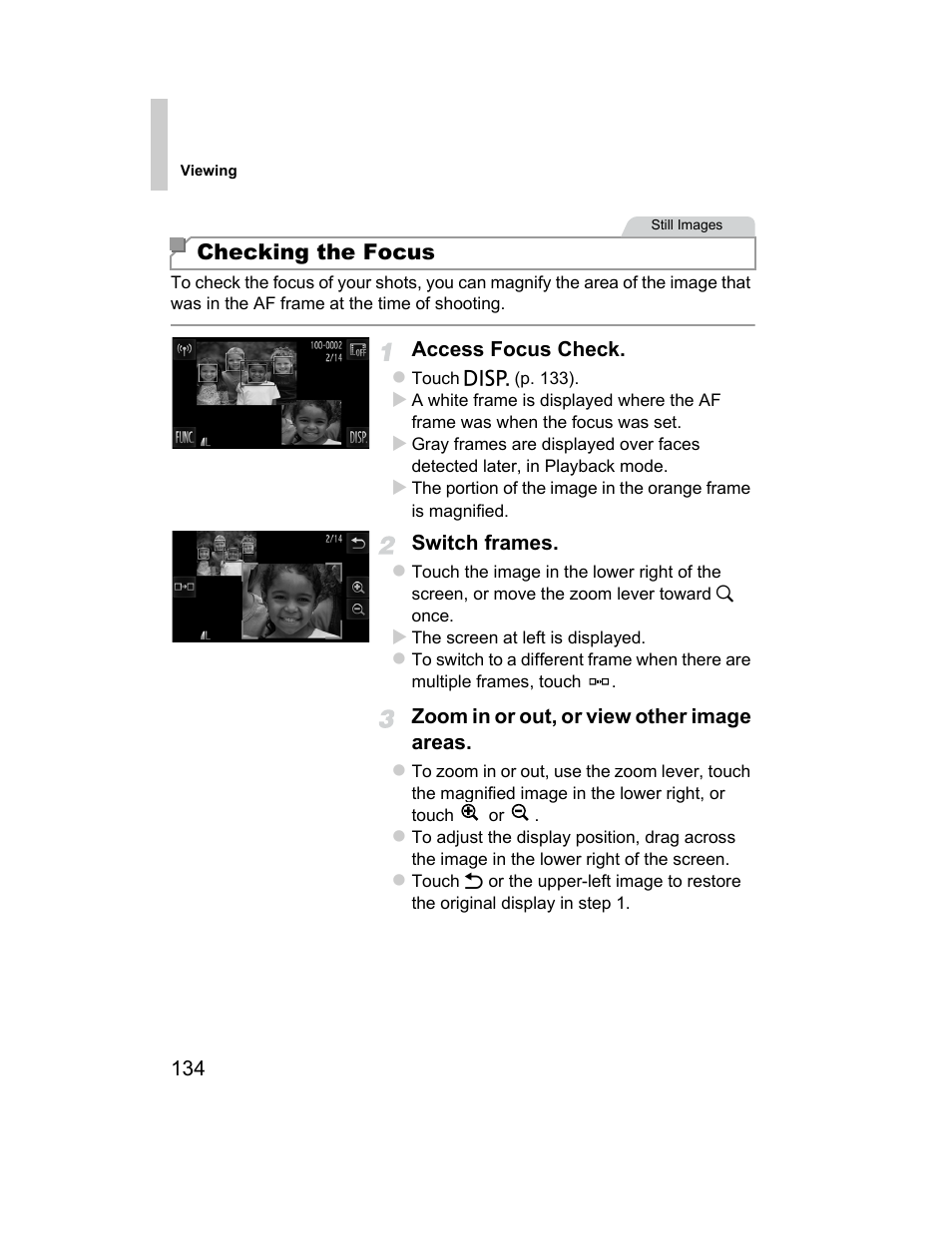 Checking the focus” (p. 134), P. 134), Checking the focus | Canon 510 HS User Manual | Page 134 / 220