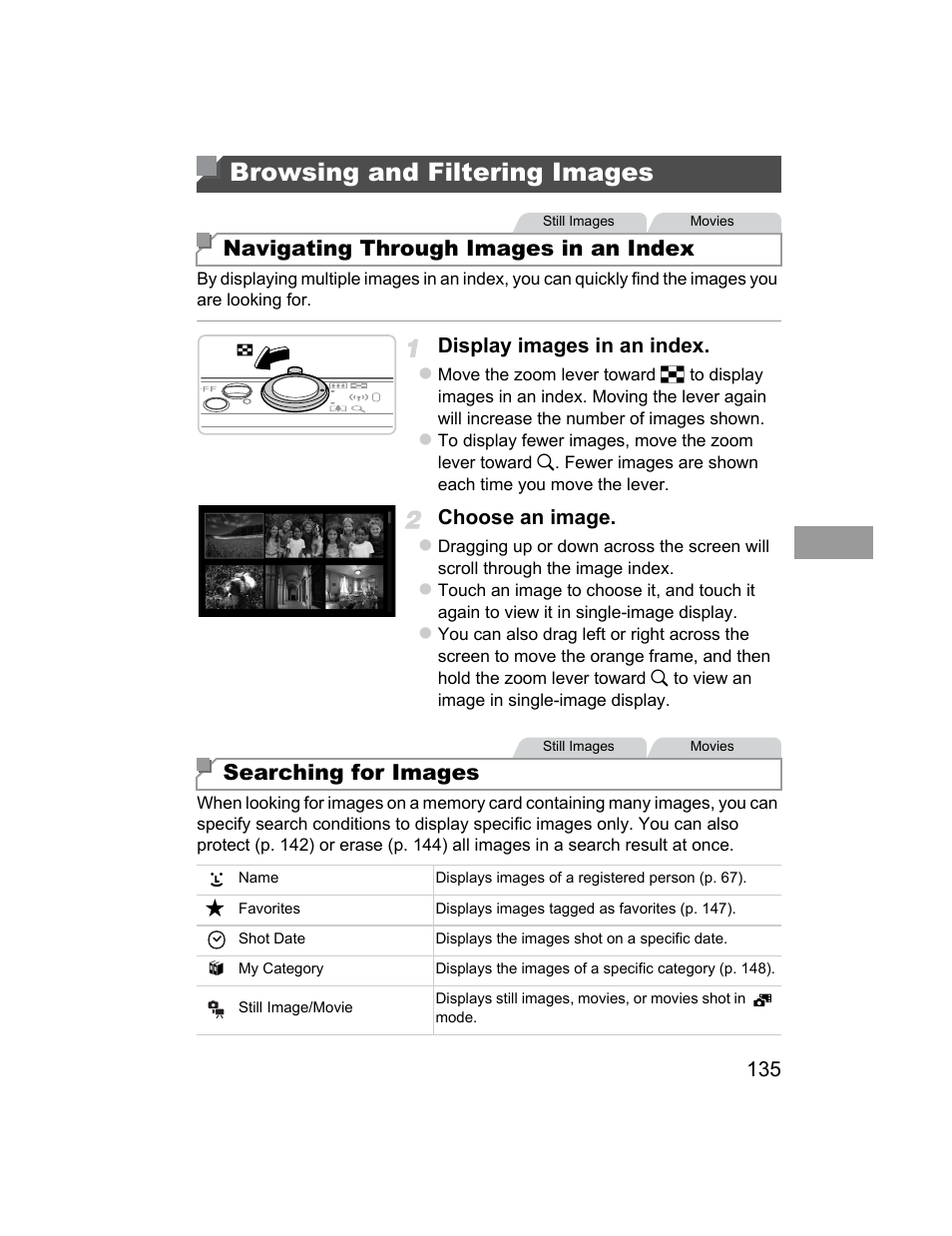 Browsing and filtering images, P. 135), Search (p. 135 | Navigating through images in an index, Searching for images | Canon 510 HS User Manual | Page 135 / 220