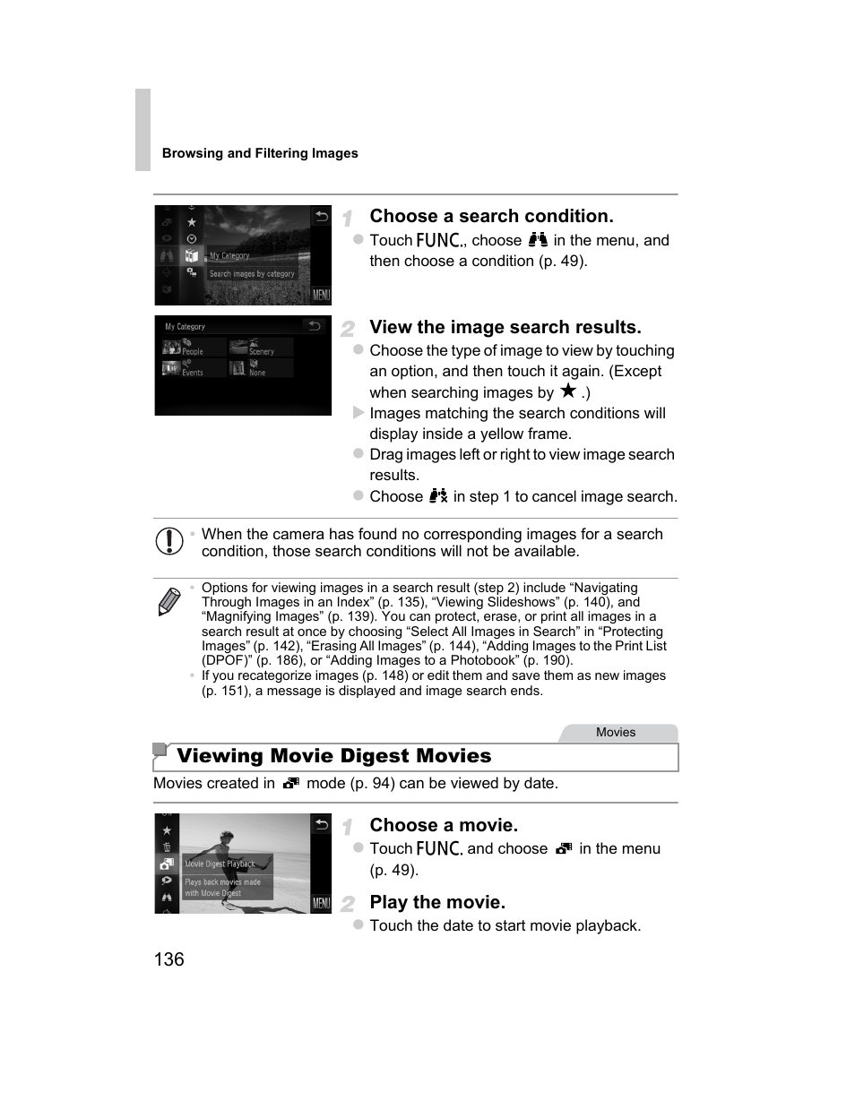 Wed by date (p. 136), Viewing movie digest movies | Canon 510 HS User Manual | Page 136 / 220