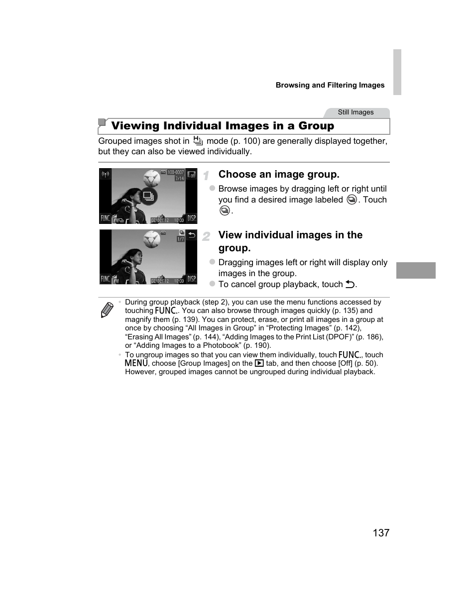 Ually (p. 137) an, P. 137), Idually (p. 137) o | P. 137) first, Viewing individual images in a group | Canon 510 HS User Manual | Page 137 / 220