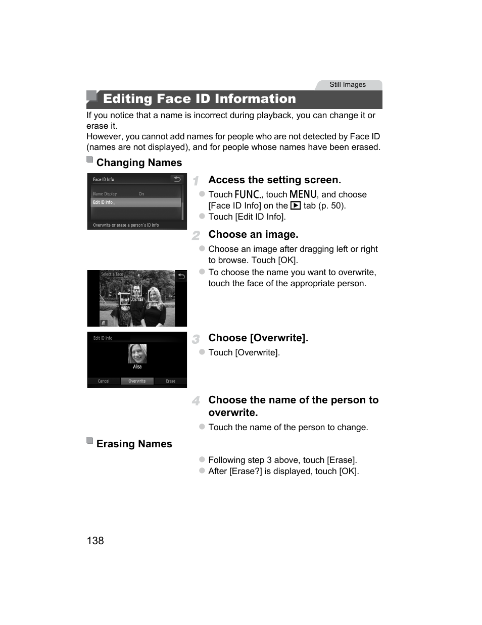 Editing face id information, P. 138), Om images (p. 138) | Ited (p. 138), an | Canon 510 HS User Manual | Page 138 / 220