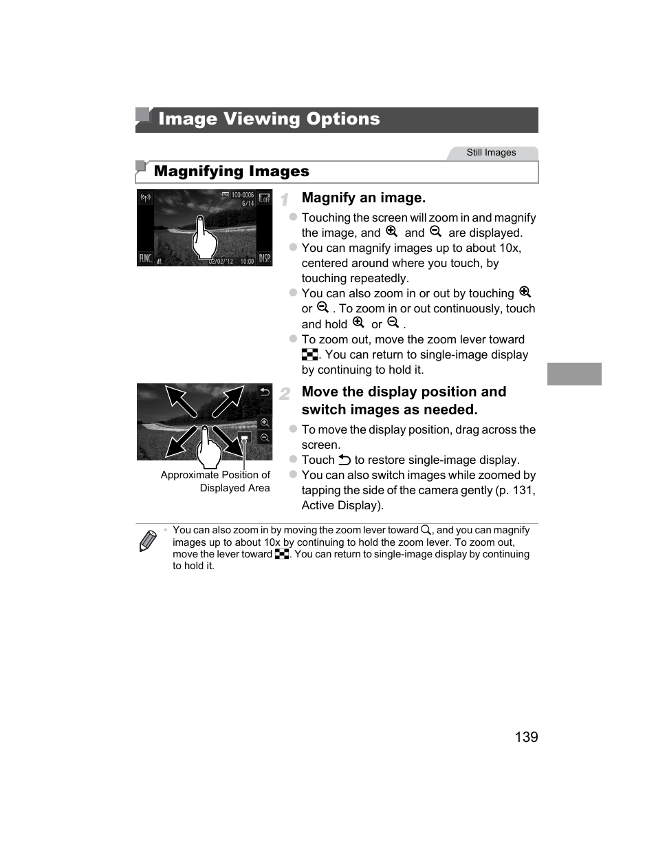 Image viewing options, Magnifying images” (p. 139), Magnify them (p. 139). you can | Magnifying images | Canon 510 HS User Manual | Page 139 / 220