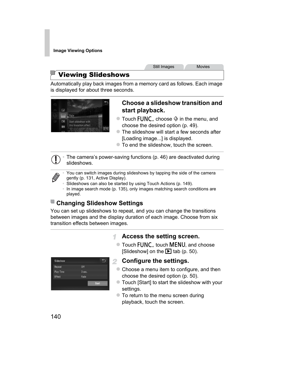 Ing slideshows” (p. 140), and, Viewing slideshows | Canon 510 HS User Manual | Page 140 / 220