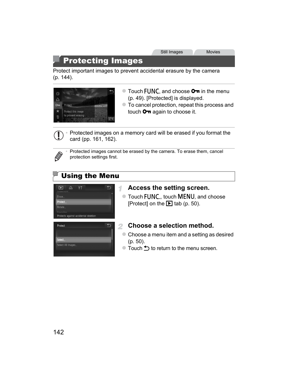 Protecting images, Otected (p. 142, P. 142) a group | T (p. 142, H” in “protecting, Images” (p. 142), S in group” in “protecting images” (p. 142), Using the menu | Canon 510 HS User Manual | Page 142 / 220