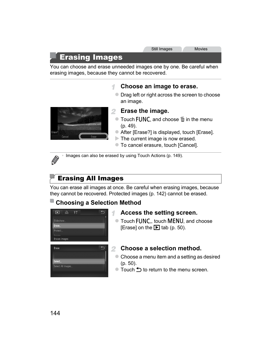 Erasing images, E (p. 144, P. 144) | Erasing all images” (p. 144), “a, Erasing all images” (p. 144), “addin, P. 144, Erasing all images | Canon 510 HS User Manual | Page 144 / 220
