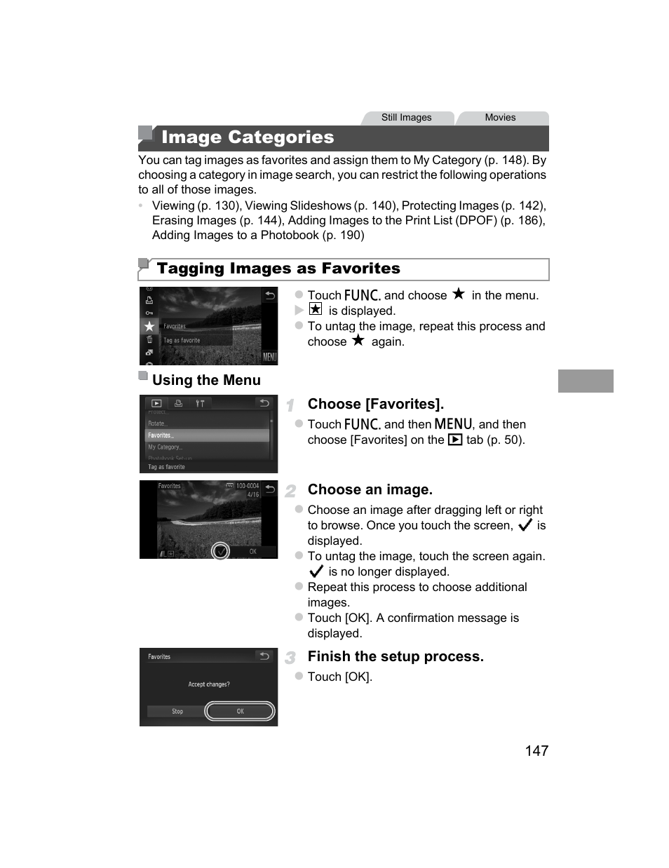 Image categories, S favorites (p. 147), edited (pp, Orites (p. 147) | Tagging images as favorites | Canon 510 HS User Manual | Page 147 / 220