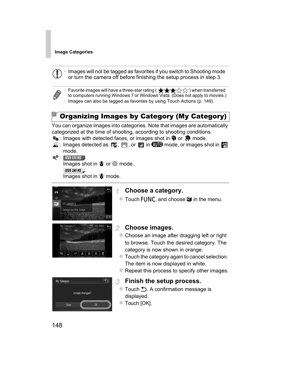 Egorized (p. 148, Category (p. 148), Ges (p. 148) | P. 148), Organizing images by category (my category) | Canon 510 HS User Manual | Page 148 / 220