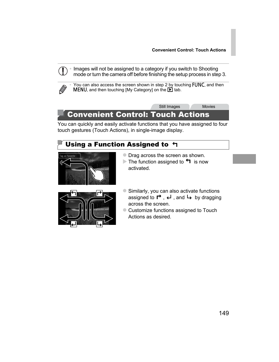 Convenient control: touch actions, Convenient control, Touch actions | Ctions (p. 149), Uch actions (p. 149), Actions (p. 149), Using a function assigned to | Canon 510 HS User Manual | Page 149 / 220