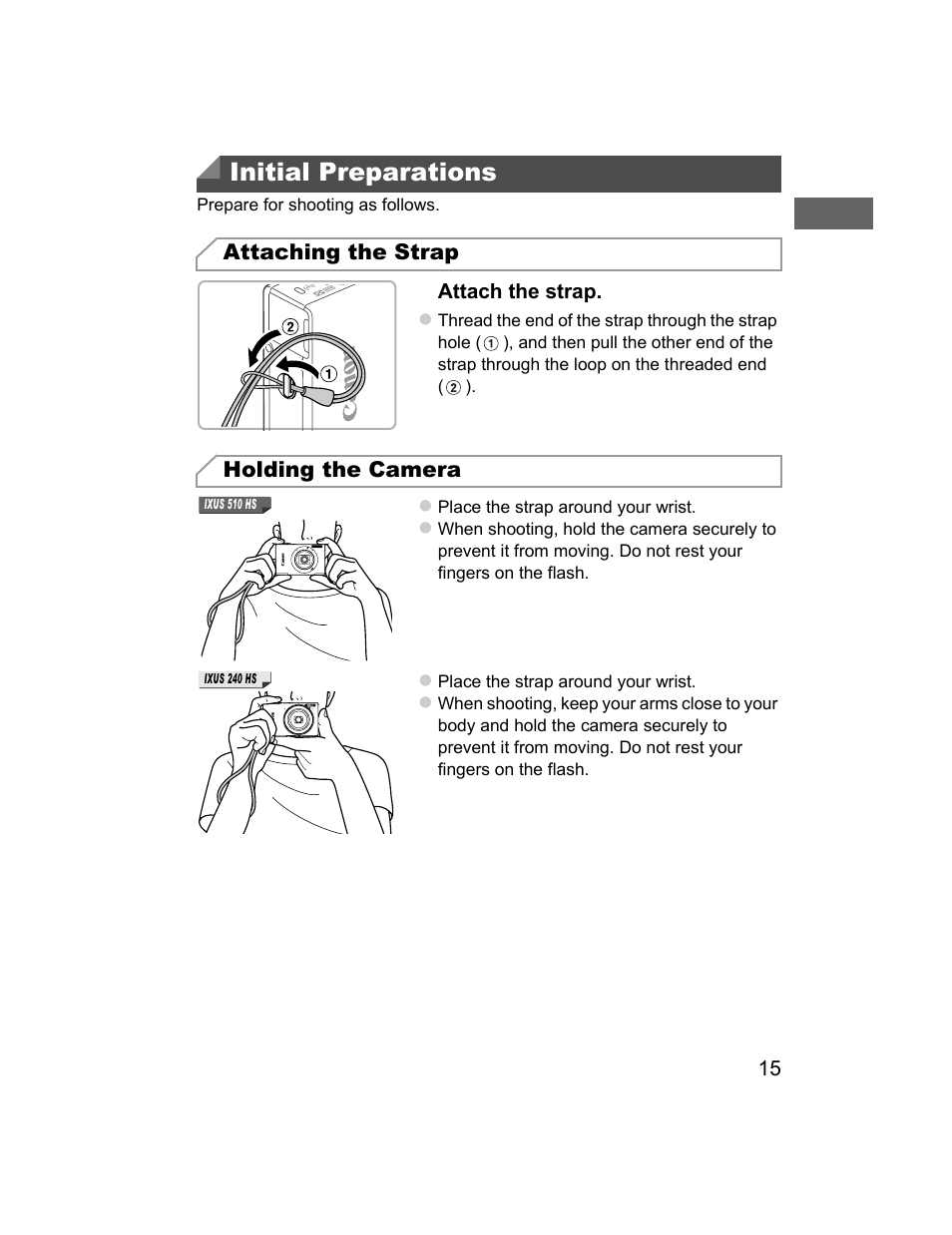 Initial preparations, Attaching the strap holding the camera | Canon 510 HS User Manual | Page 15 / 220