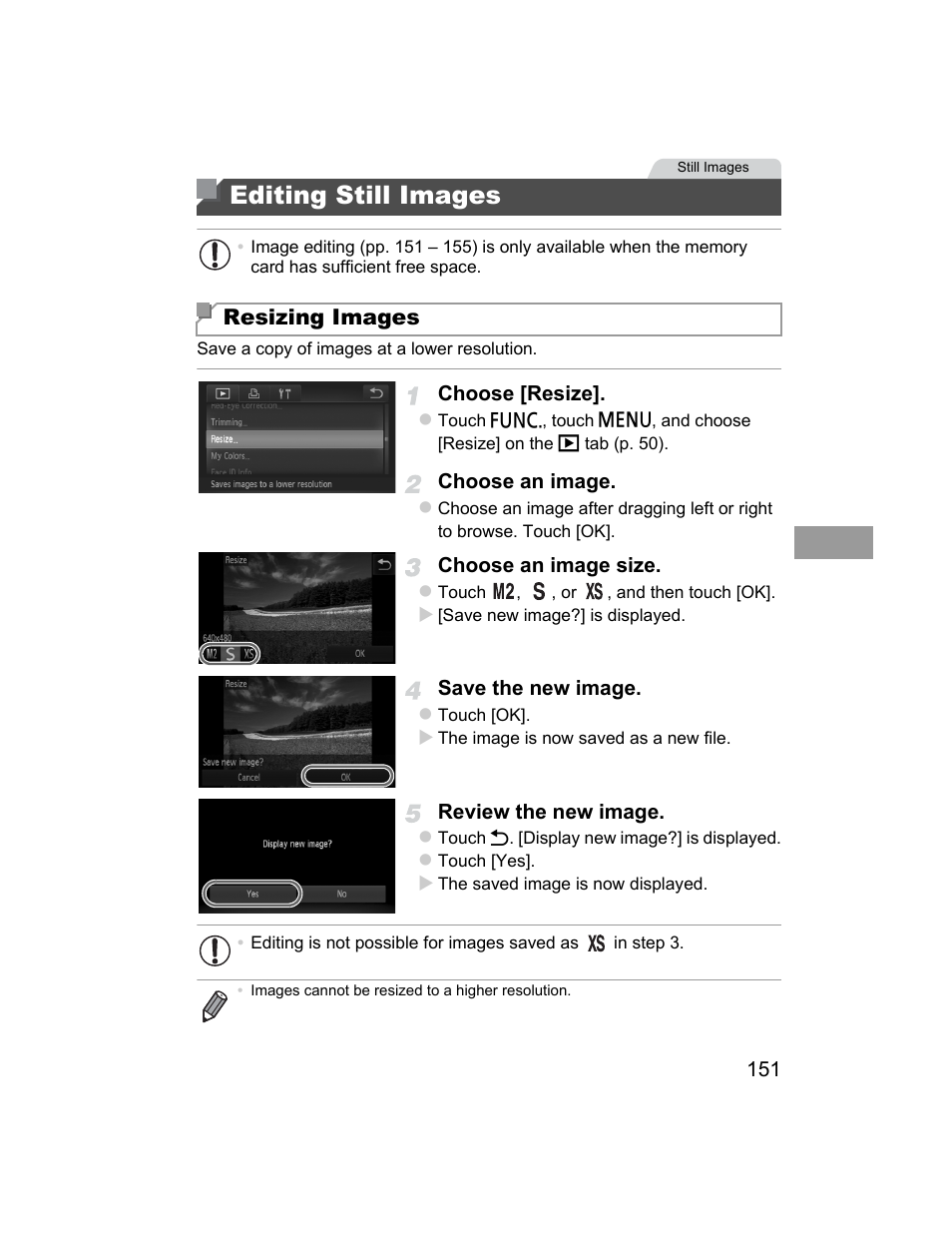 Editing still images, P. 151), a, Resizing images | Canon 510 HS User Manual | Page 151 / 220