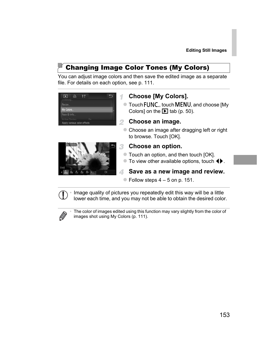 Changing image color tones (my colors) | Canon 510 HS User Manual | Page 153 / 220