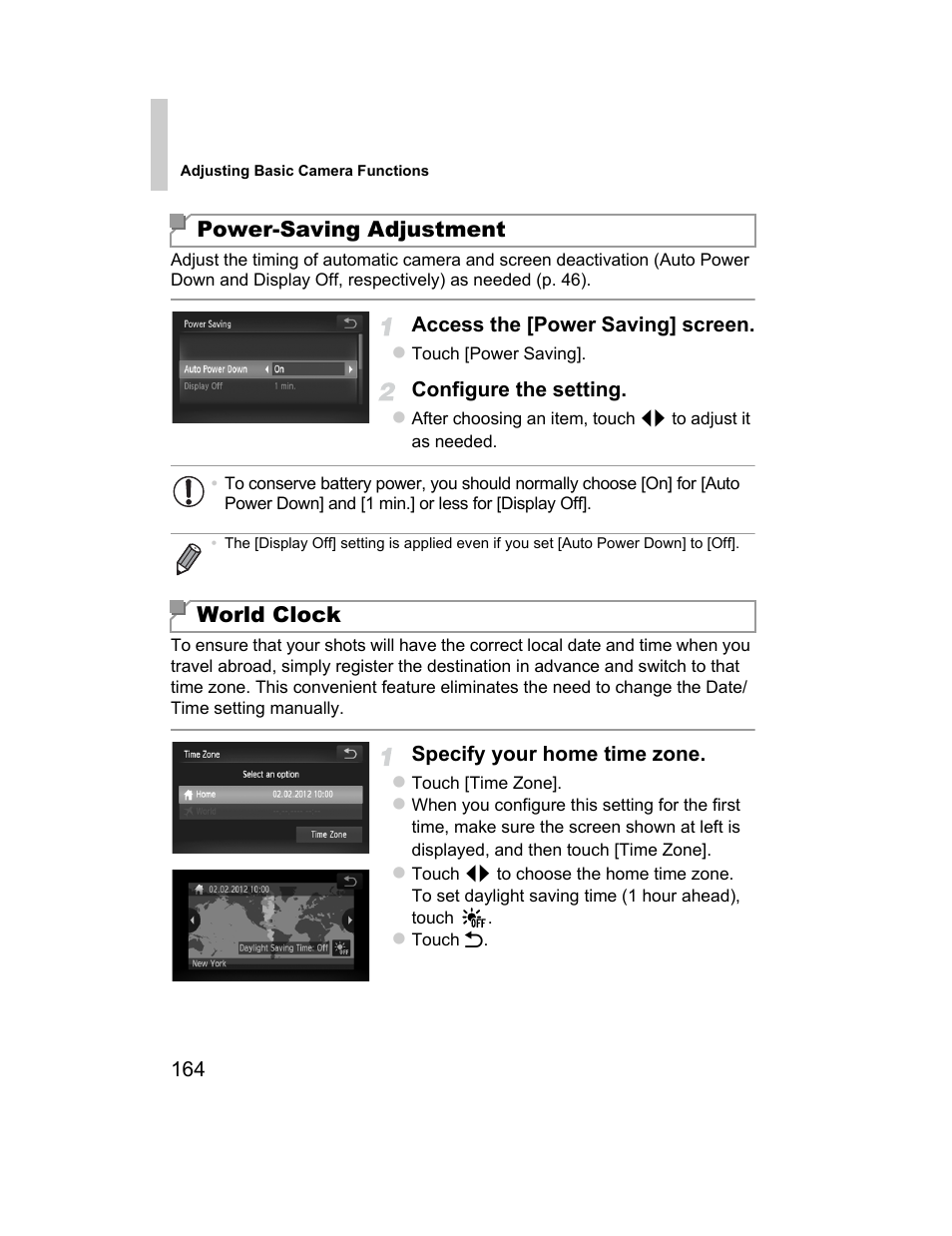 Fer (p. 164), Eactivation (p. 164), P. 164) settings | Power-saving adjustment, World clock | Canon 510 HS User Manual | Page 164 / 220