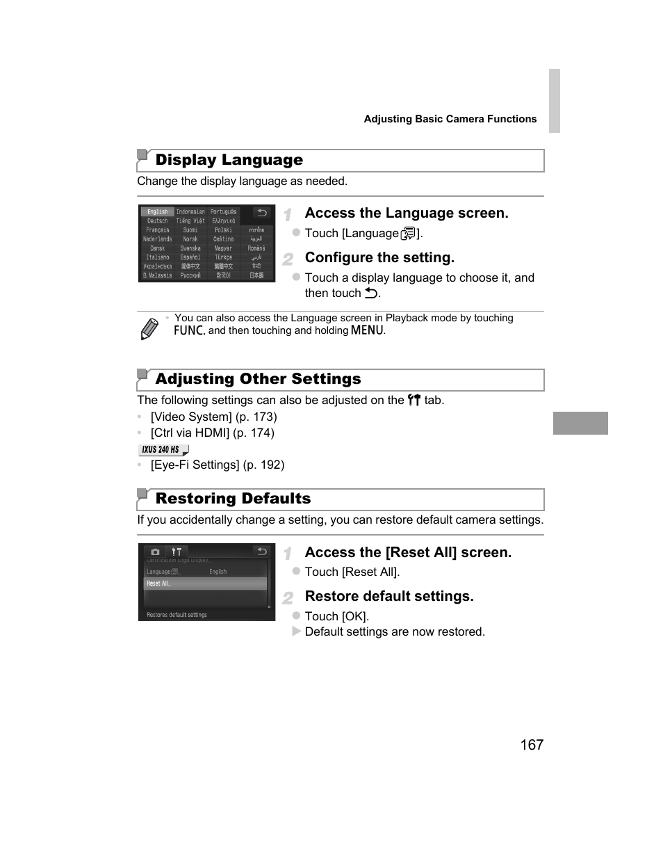 Settings (p. 167), Display language, Adjusting other settings restoring defaults | Canon 510 HS User Manual | Page 167 / 220