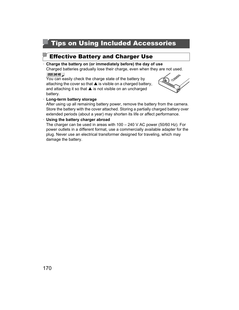 Tips on using included accessories, Tips on using included, Accessories | Effective battery and charger use | Canon 510 HS User Manual | Page 170 / 220