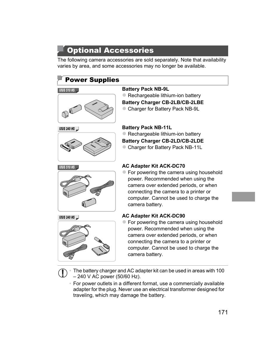 Optional accessories, Power supplies | Canon 510 HS User Manual | Page 171 / 220