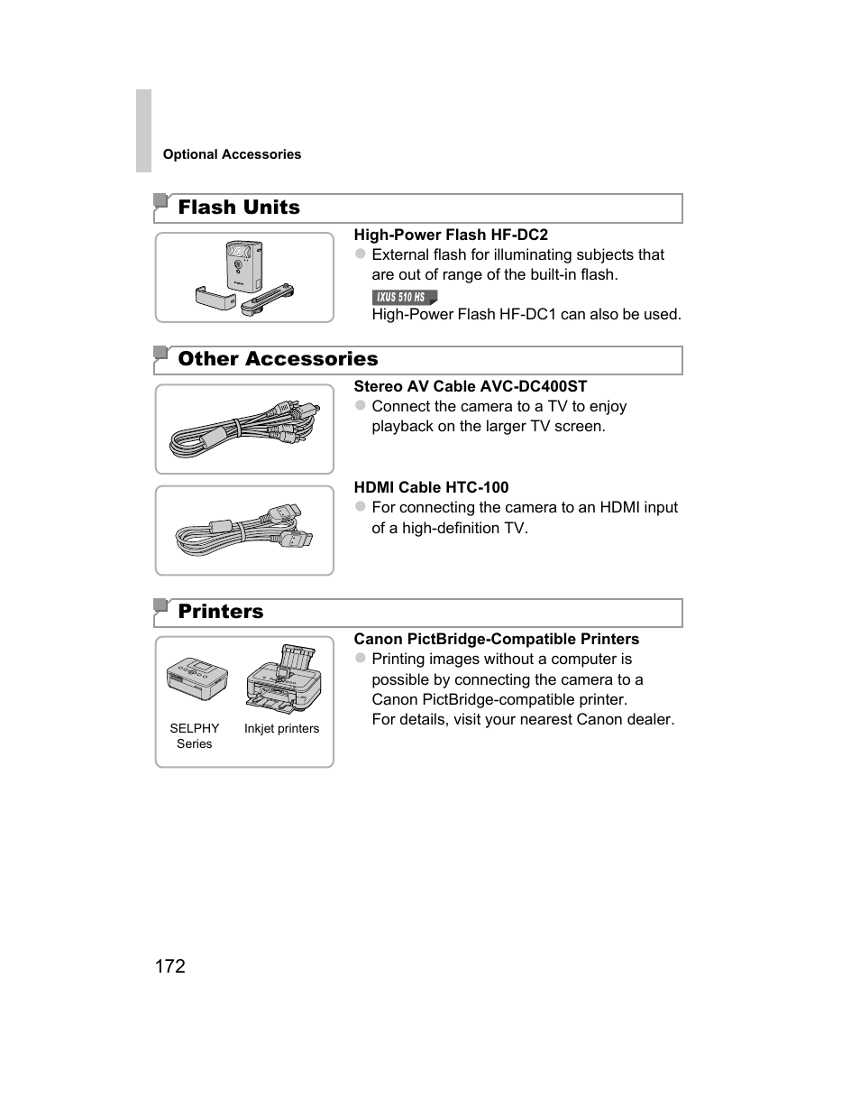 Flash units, Other accessories printers | Canon 510 HS User Manual | Page 172 / 220