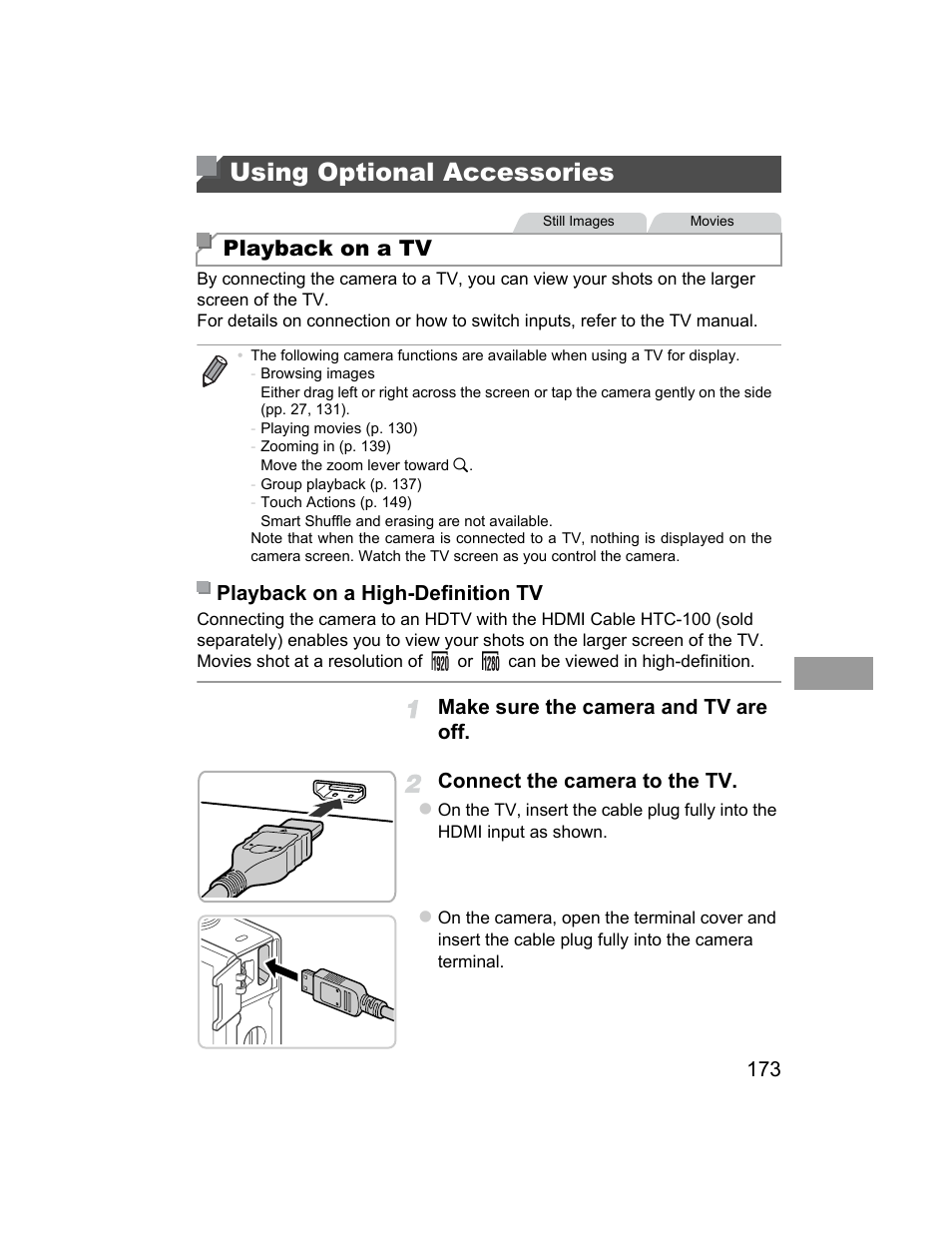 Using optional accessories, P. 173), and th, Playback on a tv | Canon 510 HS User Manual | Page 173 / 220