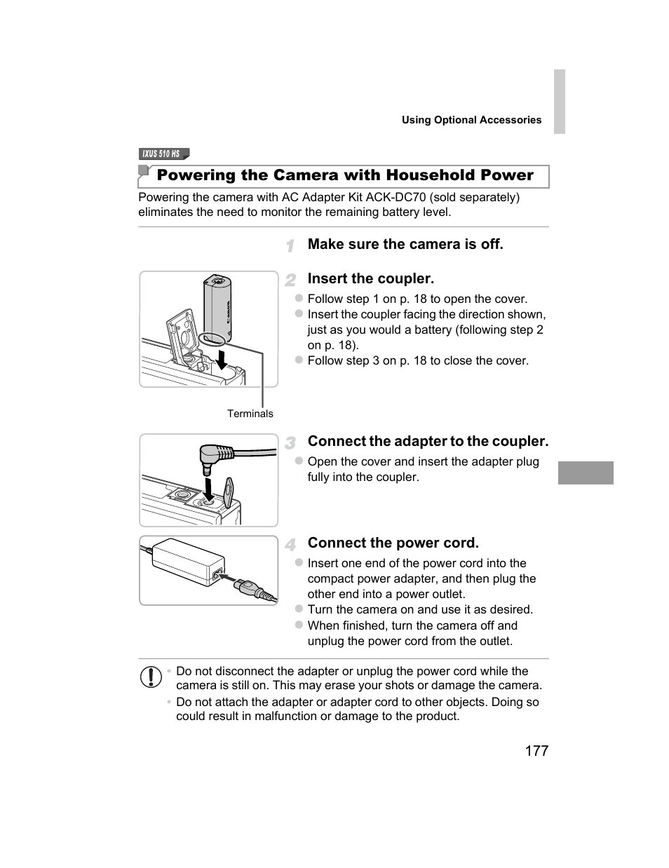 Powering the camera with household power | Canon 510 HS User Manual | Page 177 / 220