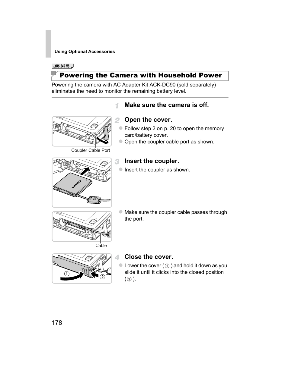 Powering the camera with household power | Canon 510 HS User Manual | Page 178 / 220