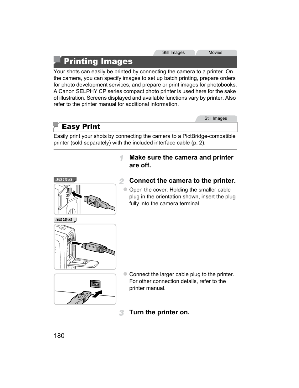 Printing images, Inter functions (p. 180), Printed (p. 180), set for prin | Easy print | Canon 510 HS User Manual | Page 180 / 220