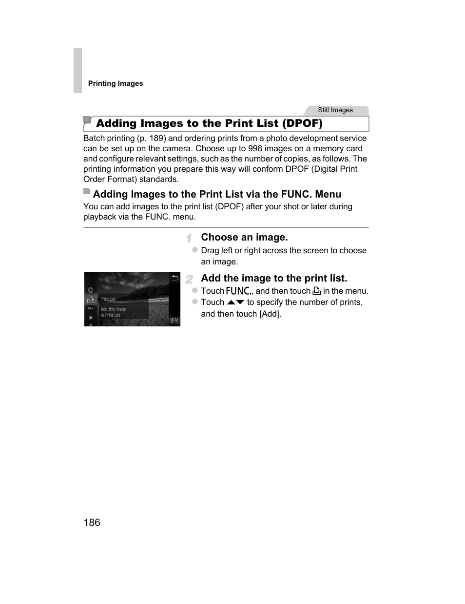 P. 186) to print, Dding images to the print list, Dpof)” (p. 186), or “adding im | G images to the print list (dpof)” (p. 186), Adding images to the print list (dpof) (p. 186), Adding images to the print list (dpof) | Canon 510 HS User Manual | Page 186 / 220