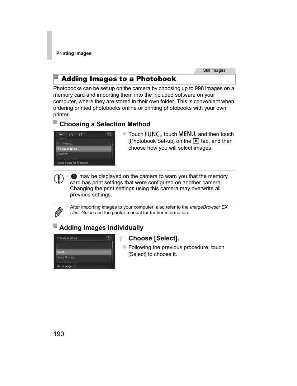 P. 190), fa, Ages to a photobook” (p. 190), Or “adding images to a photobook” (p. 190) | Adding images to a photobook (p. 190), Adding images to a photobook | Canon 510 HS User Manual | Page 190 / 220