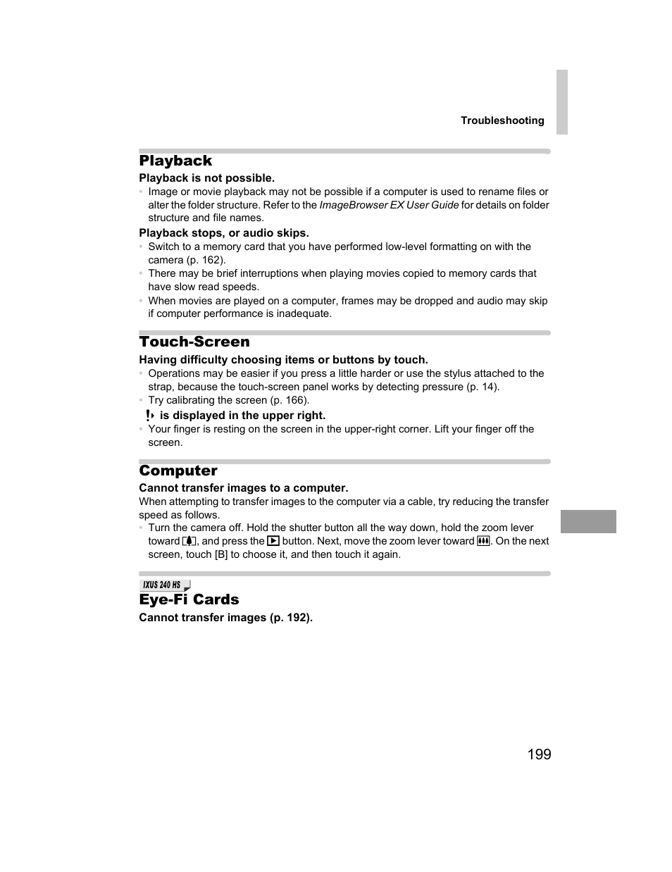 199 playback, Touch-screen, Computer | Eye-fi cards | Canon 510 HS User Manual | Page 199 / 220