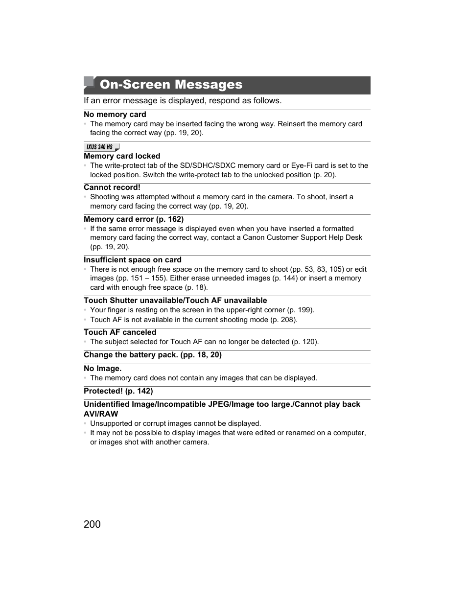 On-screen messages | Canon 510 HS User Manual | Page 200 / 220