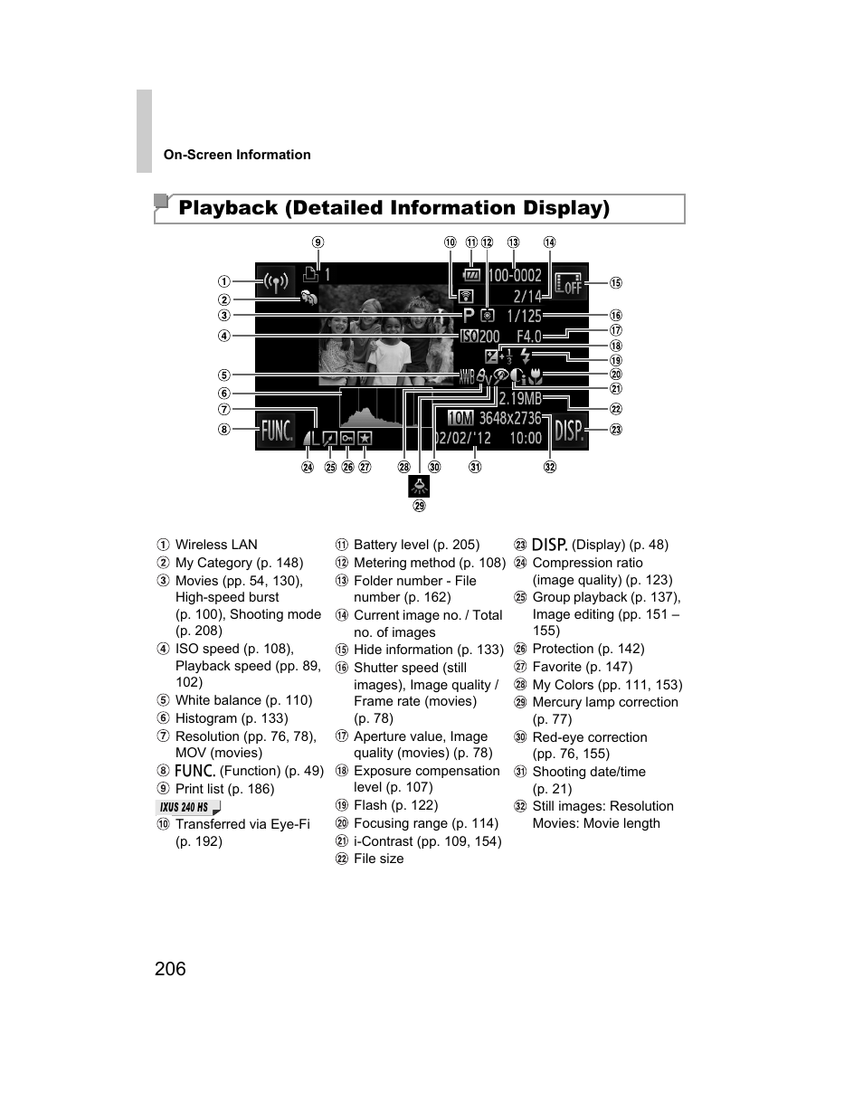 Ooting details (p. 206), E p. 206, Playback (detailed information display) | Canon 510 HS User Manual | Page 206 / 220