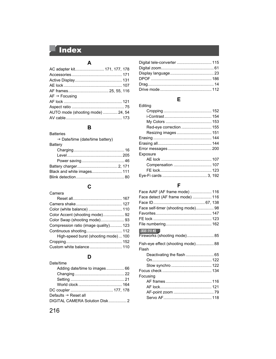 Index | Canon 510 HS User Manual | Page 216 / 220