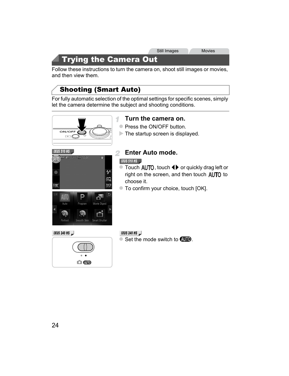 Trying the camera out, Shooting (smart auto) | Canon 510 HS User Manual | Page 24 / 220