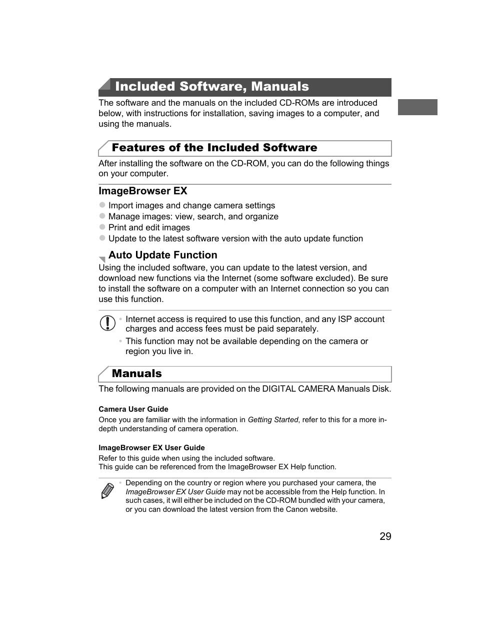 Included software, manuals, Features of the included software, Manuals | Canon 510 HS User Manual | Page 29 / 220