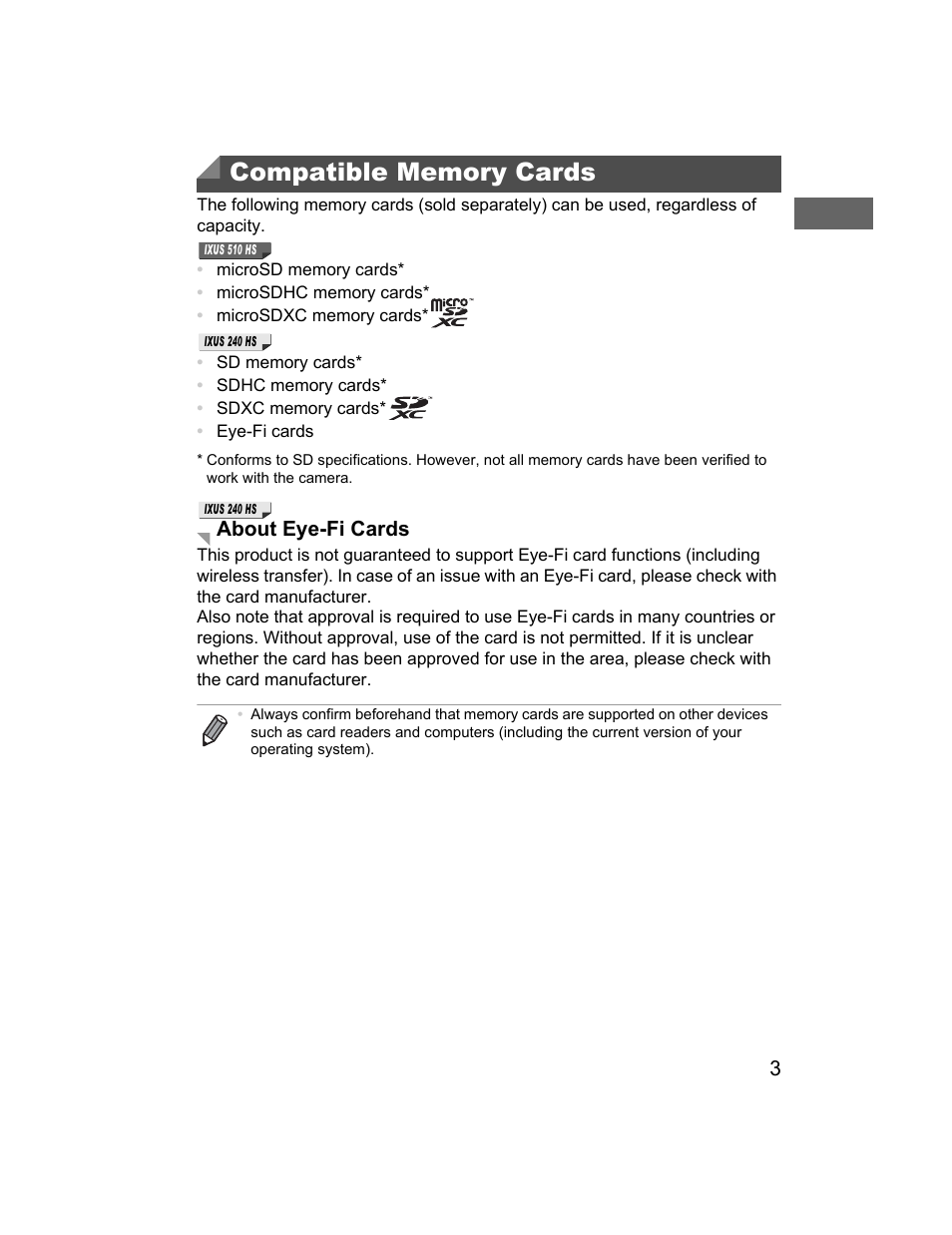 Compatible memory cards | Canon 510 HS User Manual | Page 3 / 220