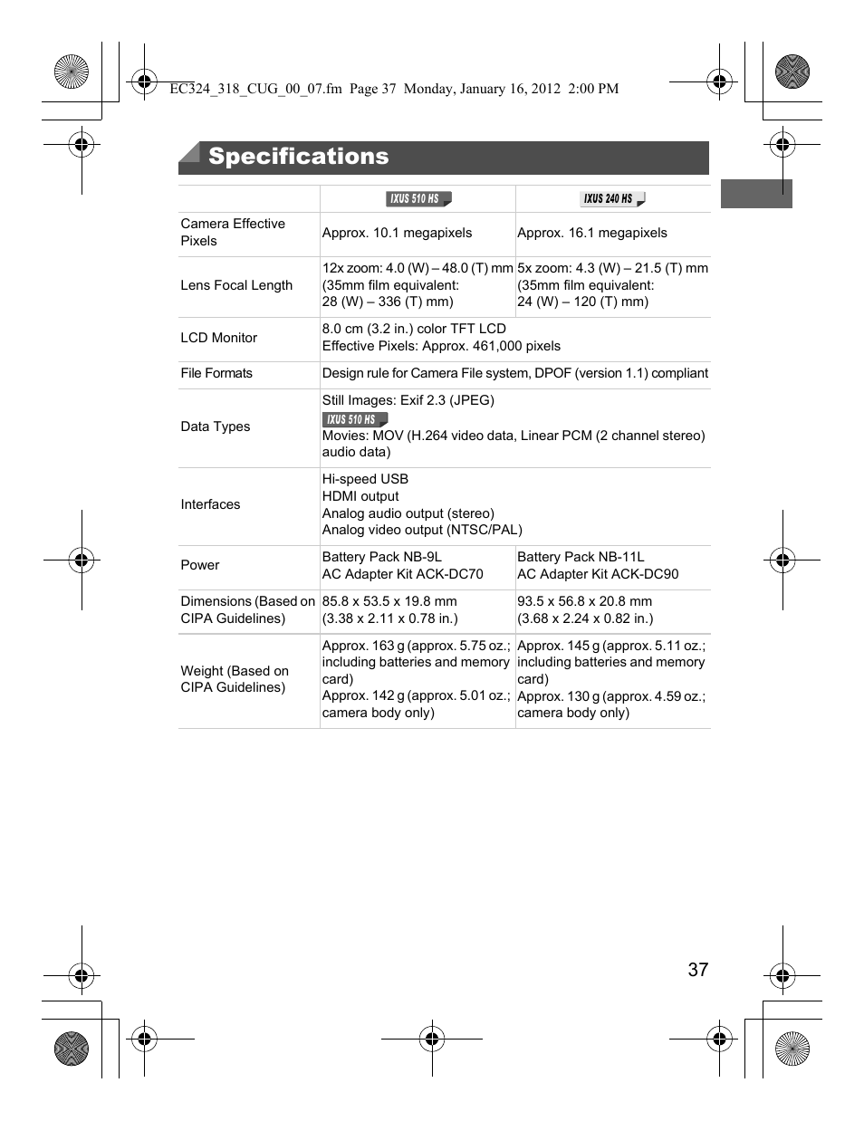 Specifications | Canon 510 HS User Manual | Page 37 / 220