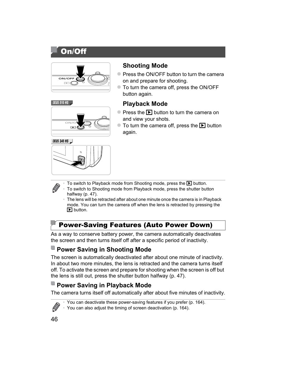On/off, Power-saving features (auto power down) | Canon 510 HS User Manual | Page 46 / 220