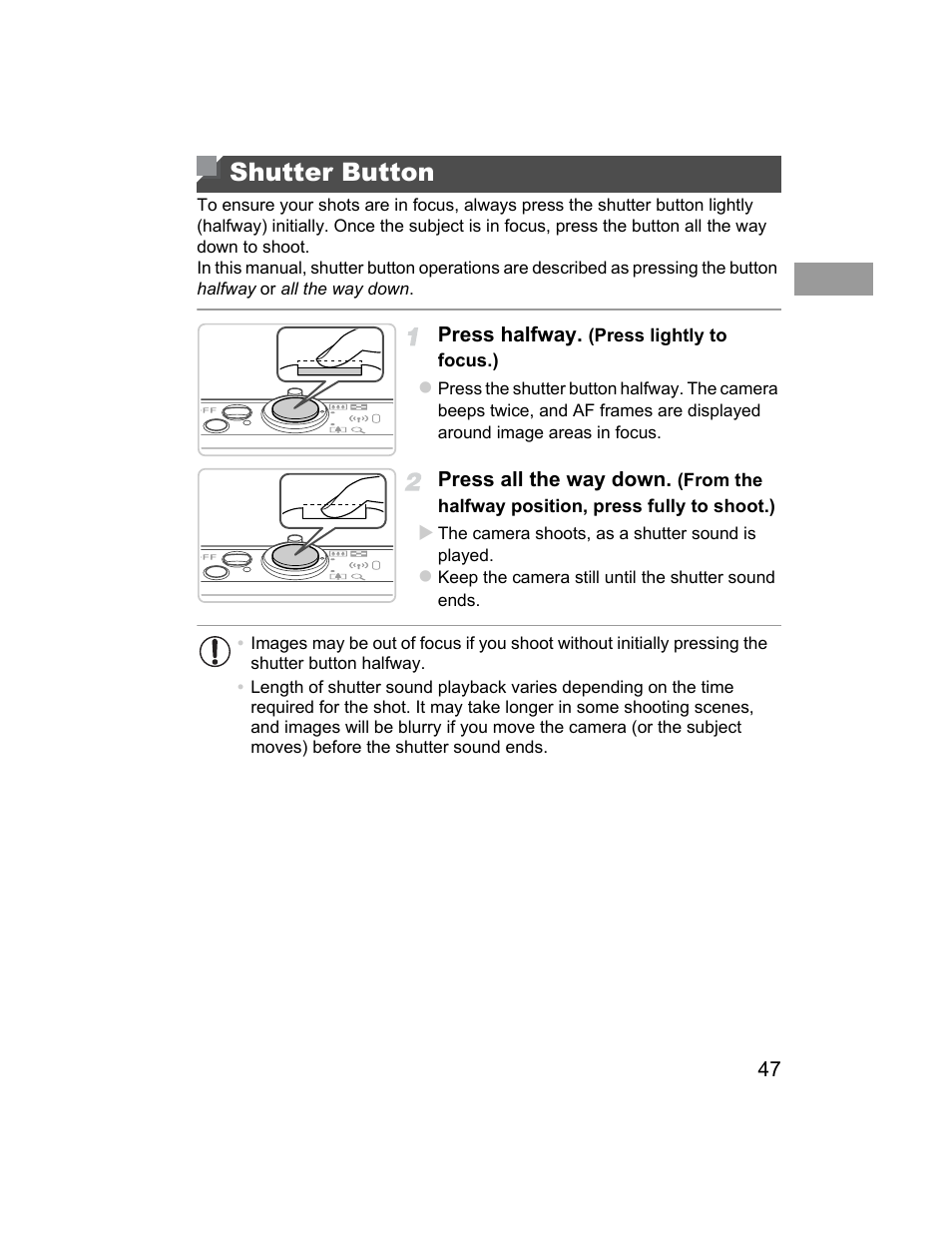 Shutter button, P. 47), Halfway (p. 47) | Canon 510 HS User Manual | Page 47 / 220