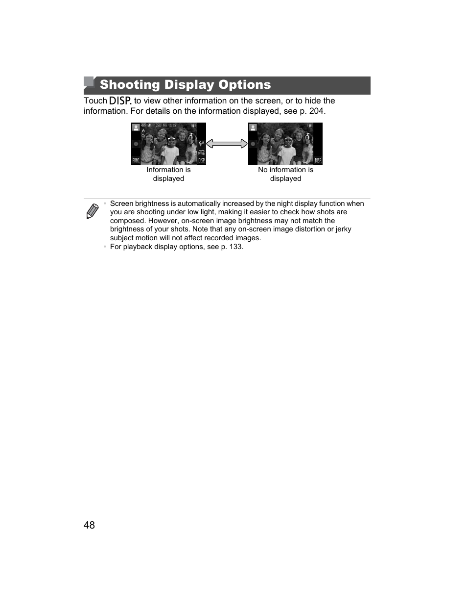 Shooting display options | Canon 510 HS User Manual | Page 48 / 220