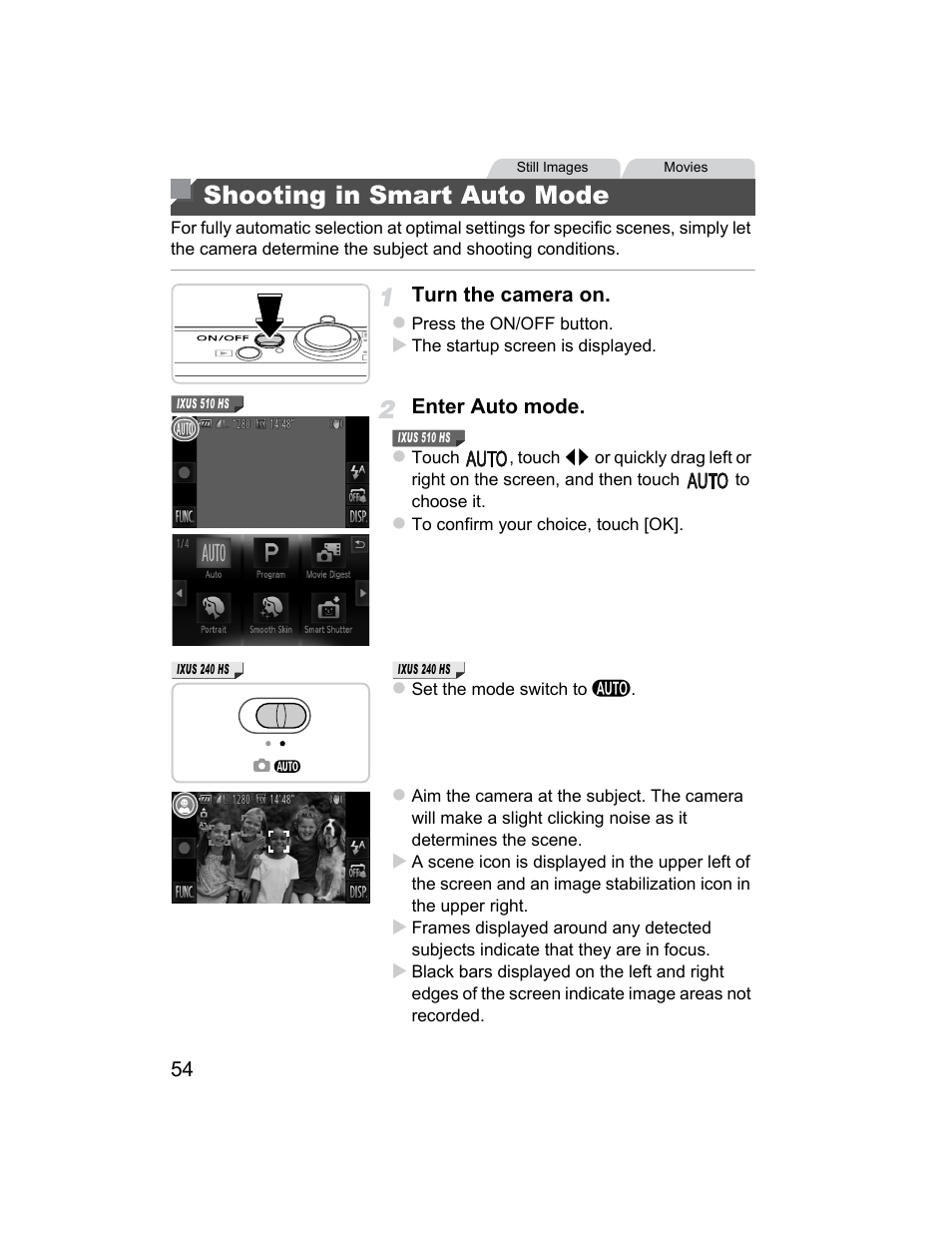 Shooting in smart auto mode | Canon 510 HS User Manual | Page 54 / 220