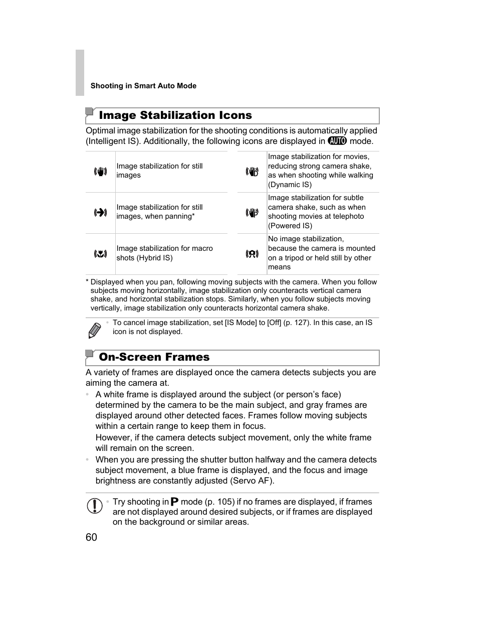 Image stabilization icons, On-screen frames | Canon 510 HS User Manual | Page 60 / 220