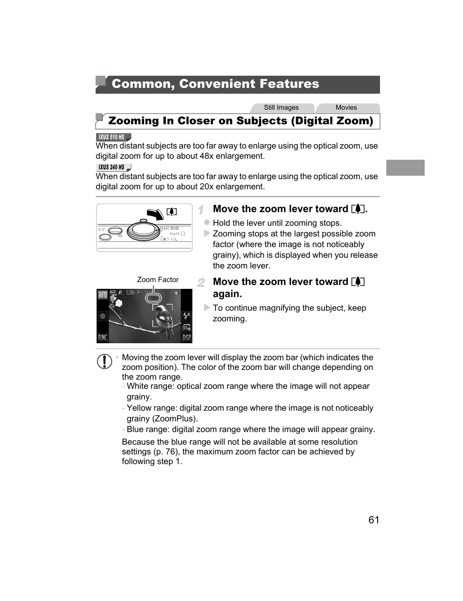 Common, convenient features, Zooming in closer on subjects (digital zoom) | Canon 510 HS User Manual | Page 61 / 220