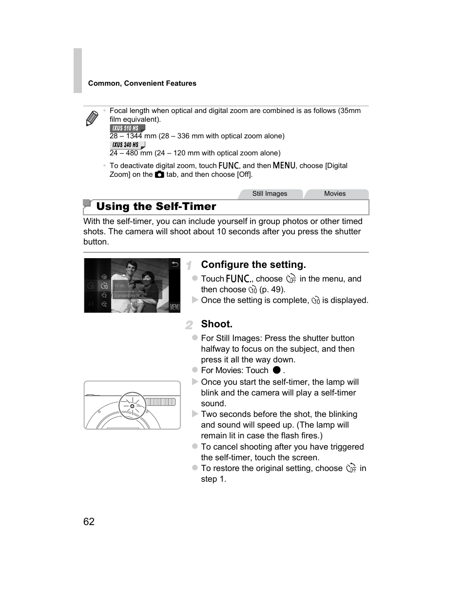Using the self-timer | Canon 510 HS User Manual | Page 62 / 220