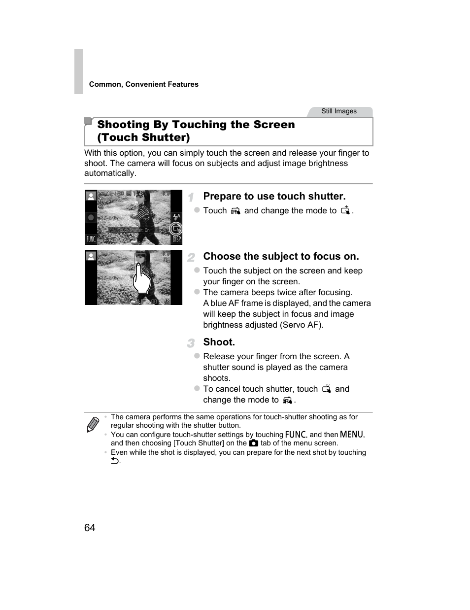 Shooting by touching the screen (touch shutter) | Canon 510 HS User Manual | Page 64 / 220