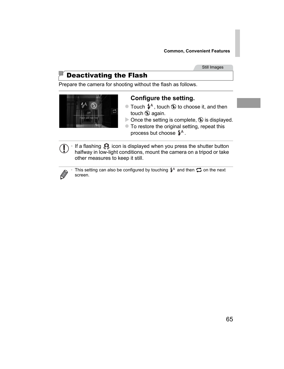 Deactivating the flash | Canon 510 HS User Manual | Page 65 / 220