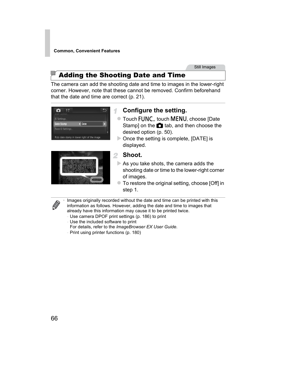 Adding the shooting date and time | Canon 510 HS User Manual | Page 66 / 220
